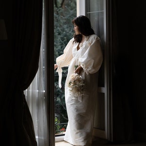 Wedding Dress Deep V-neckline | Long Sleeves Wedding Dress | OpennBack Wedding Dress | Taffeta Dress With Puff Sleeves | Floor Lenght Dress