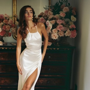 Silk wedding dress with open back | Sleeveless ivory wedding gown | Dramatic lace train | Stylish Bridal Gown | Ivory Wedding Dress