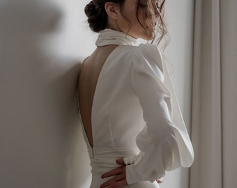 Handmade Silk Midi Wedding Dress: Open Back, Long Sleeves