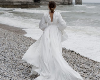 Long Train Wedding Dress | Long Sleeves Wedding Dress | Open Back Wedding Dress | Airy Skirt | Deep V-Neckline Wedding Dress