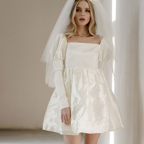 Silk Wedding Dress Mini Bridal Gown Long Sleeves Off Etsy