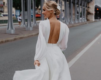 Robe de mariée en mousseline| Robe de mariée dos ouvert| Robe de mariée à manches longues | Robe de mariée blanc cassé | Jupe trapèze| Robe de mariée longueur sol