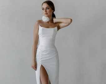 Floor Length Wedding Dress | Off-The shoulder dress | Crepe Wedding Dress | Detachable Long Sleeves dress | Corset Gown | Slit skirt
