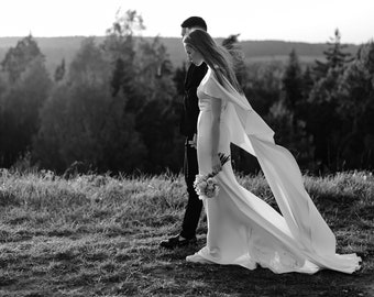 Long Train Wedding Dress | Wedding Dress With Detachable Cape | Satin Gown | Mermaid Chapel Dress|Modern Wedding Dress|Elegant Wedding Dress