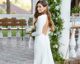 Floor Length Wedding Dress | Long Sleeve Wedding Dress | Open Back Wedding Dress | Modern Bridal Gown | Elegant Wedding Dress