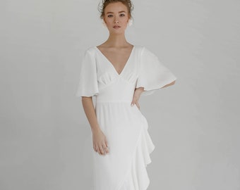 3/4 Sleeves dress | Long train Wedding Dress|Deep V-Neckline Wedding Dress| Crepe wedding gown | Simple Wedding Dress|Romantic Wedding Dress