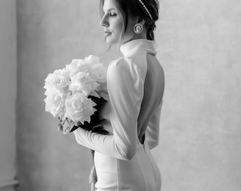 Open Back Crepe Wedding Dress: Long Sleeves, Long Train