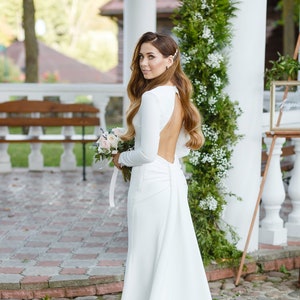 Floor Length Wedding Dress | Long Sleeve Wedding Dress | Open Back Wedding Dress | Modern Bridal Gown | Elegant Wedding Dress
