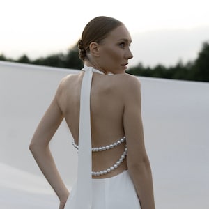 Midi Dress With Open Back | Reception Dress | Open Back Dress | Crepe Dress | Dress With Pearls | Wedding Dress | Bridal Gown