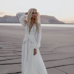 Long Train Wedding Dress | Long sleeve Wedding Dress | Open Back Wedding Dress | Chiffon Dress|V-Neckline Wedding Dress |Airy Bridal Gown |