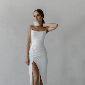 Floor Length Wedding Dress | Off-The shoulder dress | Crepe Wedding Dress | Detachable Long Sleeves dress | Corset Gown | Slit skirt
