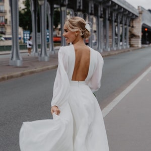 Chiffon Wedding Dress|Open Back Wedding Dress| Long Sleeves Wedding Dress | Off-White Wedding Gown | A-Line Skirt|Floor Length Wedding Dress