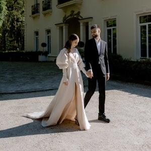 Royal Taffeta Wedding Dress | Classic Bridal Gown | Long Sleeve Dress | Gold Color | Puffy Sleeves | Deep V-Neckline | New | Long Train