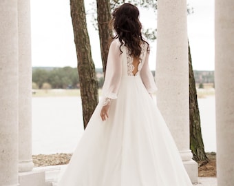 Floor Length Wedding Dress | Long Sleeve Bridal gown | Chiffon Wedding Dress | Open Back Wedding Dress| Boat Neckline Wedding Dress