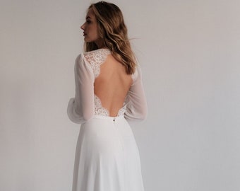 Open back wedding dress | Floor Length Wedding Dress | Chiffon Wedding Dress | Long Sleeves dress | Stylish Bridal Gown | V-Neckline Dress