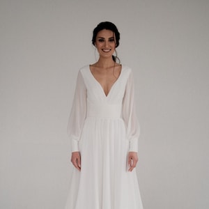 Minimalist Wedding Dress | Deep V-neck Wedding Dress | Long Sleeve Wedding Gown | Chiffon Dress | Long Cuffs With Buttons | Long Train Dress