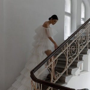 Long Train Wedding Dress | Off-The_Shoulder Wedding Dress | Layered Gown | Puffy Sleeves Dress | High Low Bridal Gown | Off-White dress
