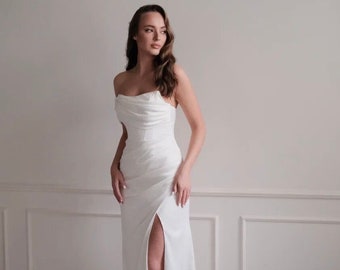 Floor Length Wedding Dress | Off The Shoulder Gown | Satin Dress | One Strap Dress | Wrap Skirt Dress | Tight Silhouette Wedding Dress