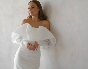 Off The Shoulder Wedding Dress With Detachable Sleeves | Wedding Dress With A Slit | Floor Length Wedding Dress | Maxi Dress