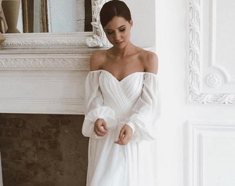 Long Train Wedding Dress | Off The Shoulder Wedding Dress | Chiffon Bridal Gown | Long Sleeves Wedding Dress |Off White Color Wedding Dress