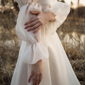 Long Sleeve Ivory Wedding Dress: V-Neck Flower Lace, Long Train image 6
