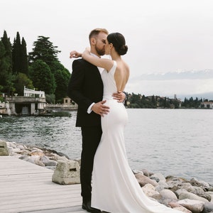 Satin Mermaid Wedding Gown: Open Back, V-Neck, Minimalist Bridal Dress image 6