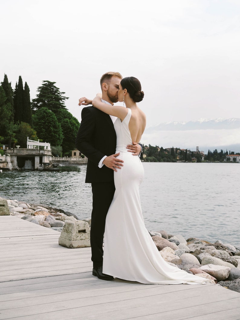 Satin Mermaid Wedding Gown: Open Back, V-Neck, Minimalist Bridal Dress image 6