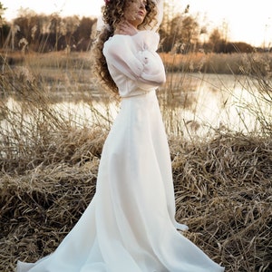Long Sleeve Ivory Wedding Dress: V-Neck Flower Lace, Long Train image 3