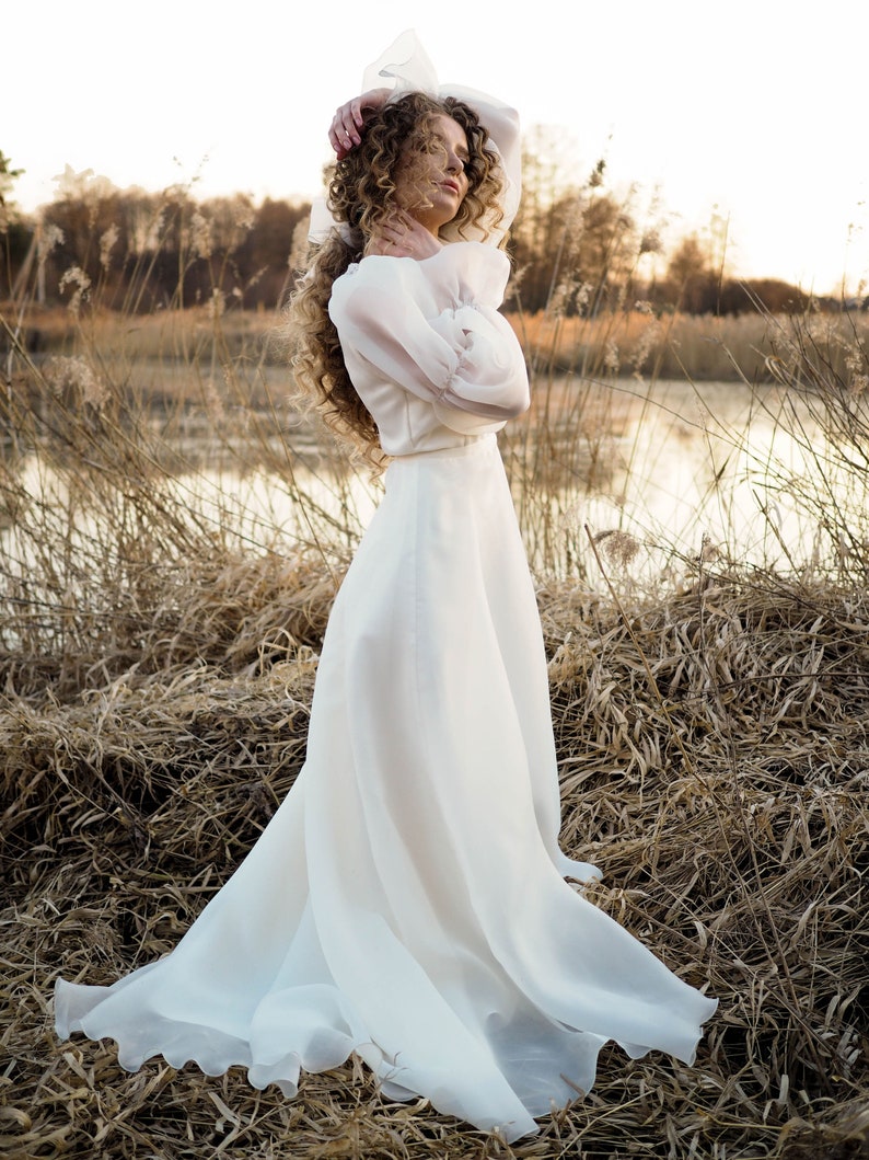 Long Sleeve Ivory Wedding Dress: V-Neck Flower Lace, Long Train image 3