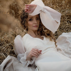 Long Sleeve Ivory Wedding Dress: V-Neck Flower Lace, Long Train image 4