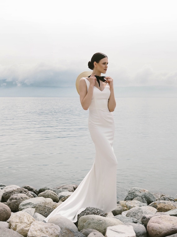 Satin Mermaid Wedding Gown: Open Back, V-Neck, Minimalist Bridal Dress