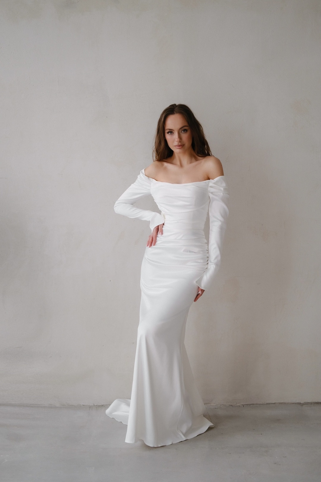 Off the Shoulder Wedding Dresslong Sleeves Wedding Dress Satin Dress ...