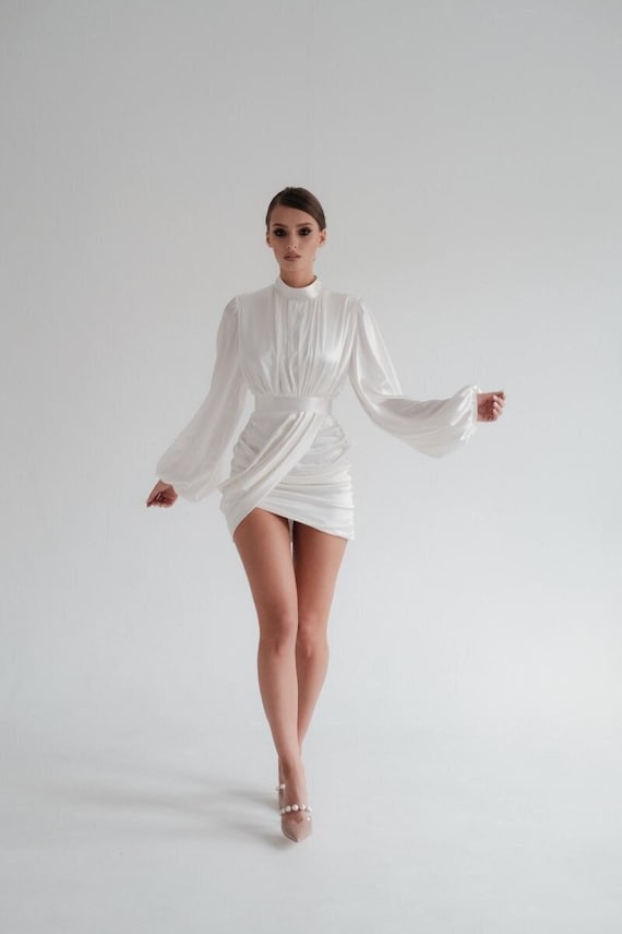 long sleeve mini wedding dress KissProm A-Line Illusion Neck Lace Applique Sleeves Short-Mini Dresses, Diamond White / 8 quality cotton Chantilly cord lace Lace Applique Short Wedding Dresses