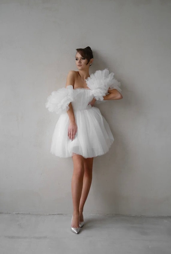 Mini Wedding Dress Reception Dress Dress for Photoshoot off the Shoulder  Dress Puff Sleeves Dress A-line Skirt Wedding Dress 