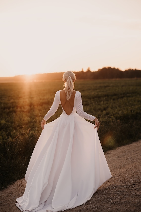 Long Train Dress Open Back Wedding Dress Long Sleeves Wedding Dress Satin Wedding  Dress Cathedral Dress Celticwedding Dress 