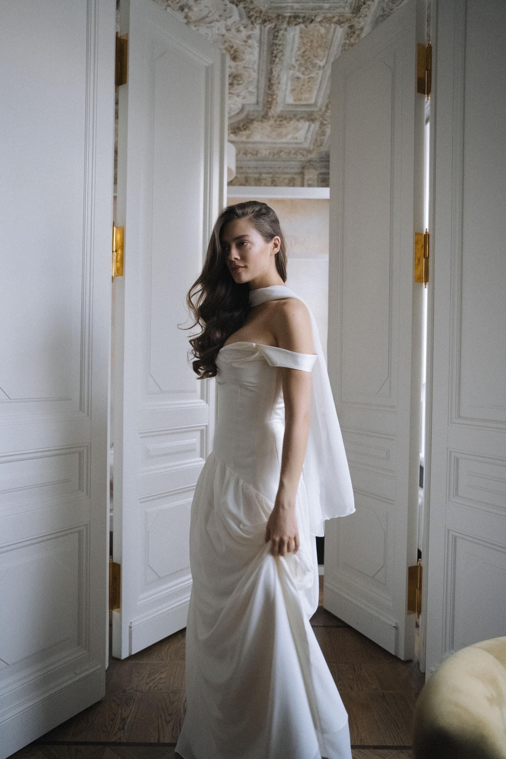Off the shoulder wedding dress | ivory wedding dress with low waistline | corset wedding dress | chiffon scarf | romantic wedding dress