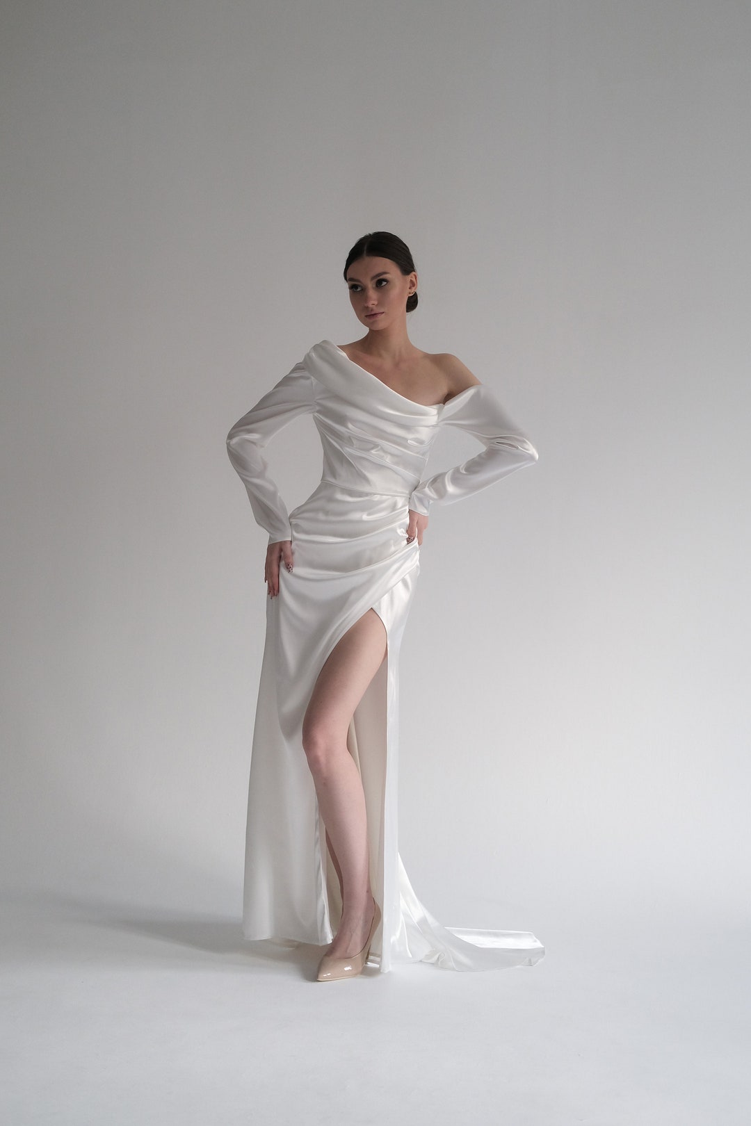 Off the Shoulder Wedding Dress | Long Sleeves Wedding Dress | Satin Wedding Dress | Elegant ...