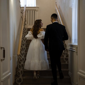Midi Wedding Dress | Square Neckline Wedding Dress | Puff Sleeves wedding dress | Organza dress | A-Line Skirt | Off-the-shoulder Sleeves