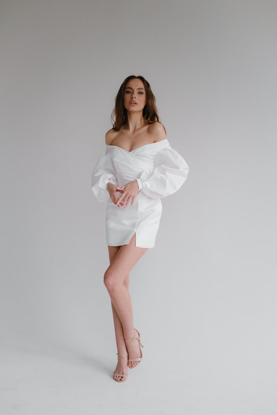 Off the Shoulder Wedding Dress | Mini Wedding Dress | Long Sleeves Wedding Dress | Slit On The Skirt|Dense Satin Wedding dress | Bridal Gown