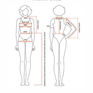 May include: Diagram showing how to measure different parts of the body for clothing, including neck, bust, waist, hips, shoulder, arm, and sleeve length. The text "HOW TO MEASURE" is at the top of the diagram.