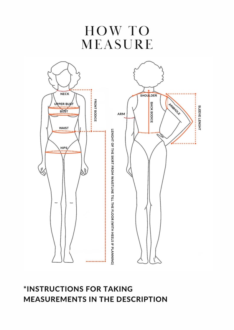May include: Diagram showing how to measure different parts of the body for clothing, including neck, bust, waist, hips, shoulder, arm, and sleeve length. The text "HOW TO MEASURE" is at the top of the diagram.