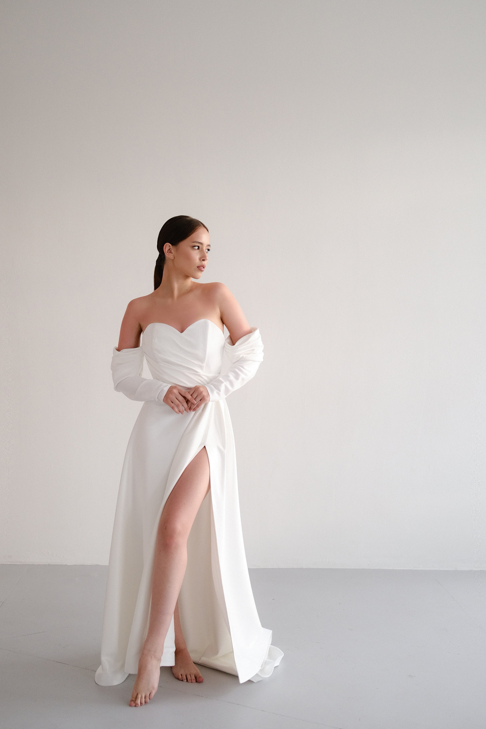 Off the shoulder wedding dress | long sleeve wedding dress | corset dress | simple corset wedding dress | a-line skirt | bridal gown | satin