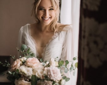 Long Sleeve Wedding Dress: Chiffon Lace Open Back Bridal Gown