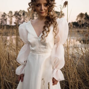 Long Sleeve Ivory Wedding Dress: V-Neck Flower Lace, Long Train image 7
