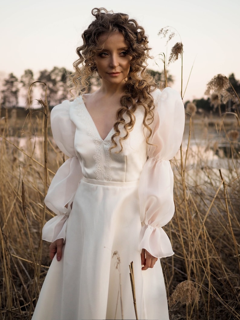 Long Sleeve Ivory Wedding Dress: V-Neck Flower Lace, Long Train image 7