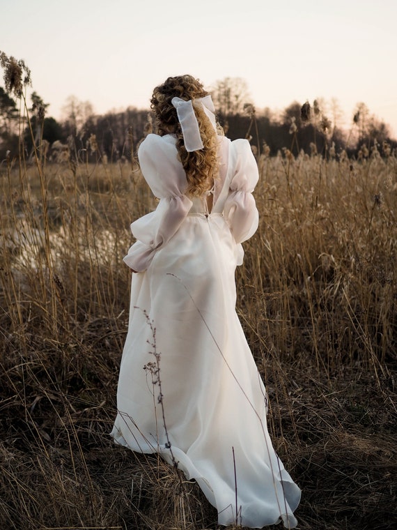 Long Sleeve Ivory Wedding Dress: V-Neck Flower Lace, Long Train