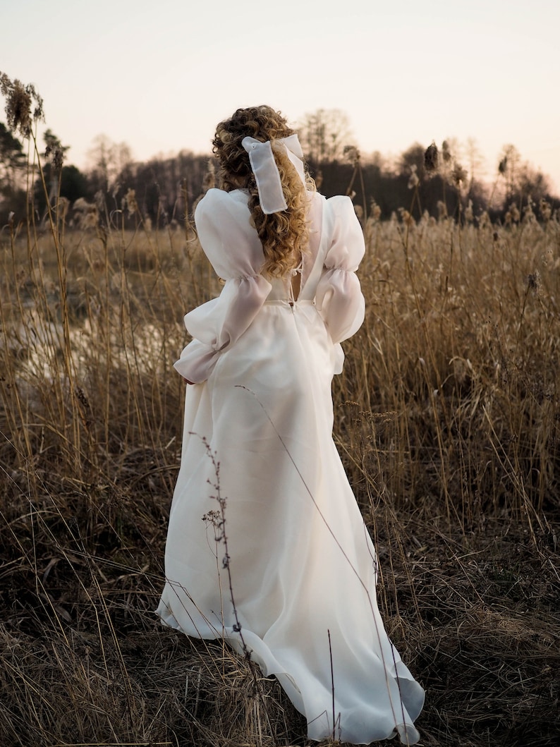 Long Sleeve Ivory Wedding Dress: V-Neck Flower Lace, Long Train image 1