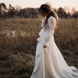 Long Sleeve Ivory Wedding Dress: V-Neck Flower Lace, Long Train image 5