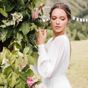 Long Sleeves Wedding Dress | Open Back Wedding Dress | Long Train Wedding Dress | Boat Neckline Dress | Off-White Color|Romantic Bridal Gown