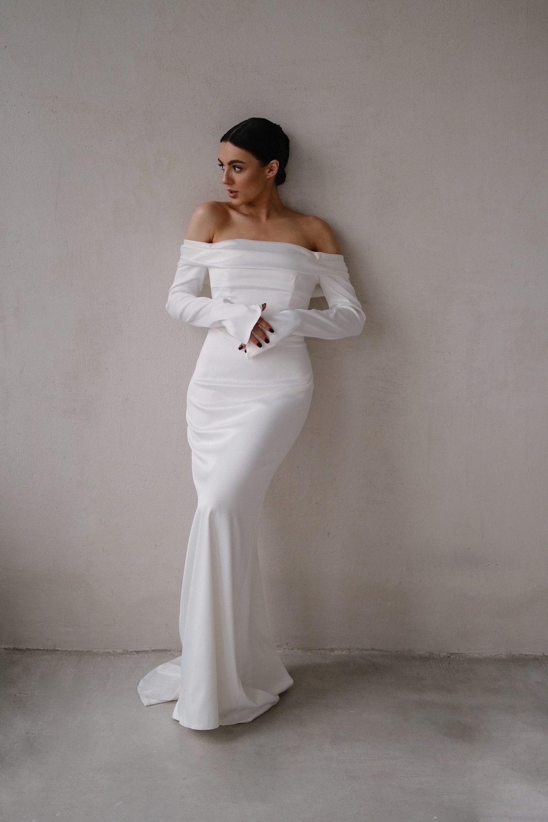 Buy Satin Off-the-shoulder Wedding Dress With Long Sleeves Online